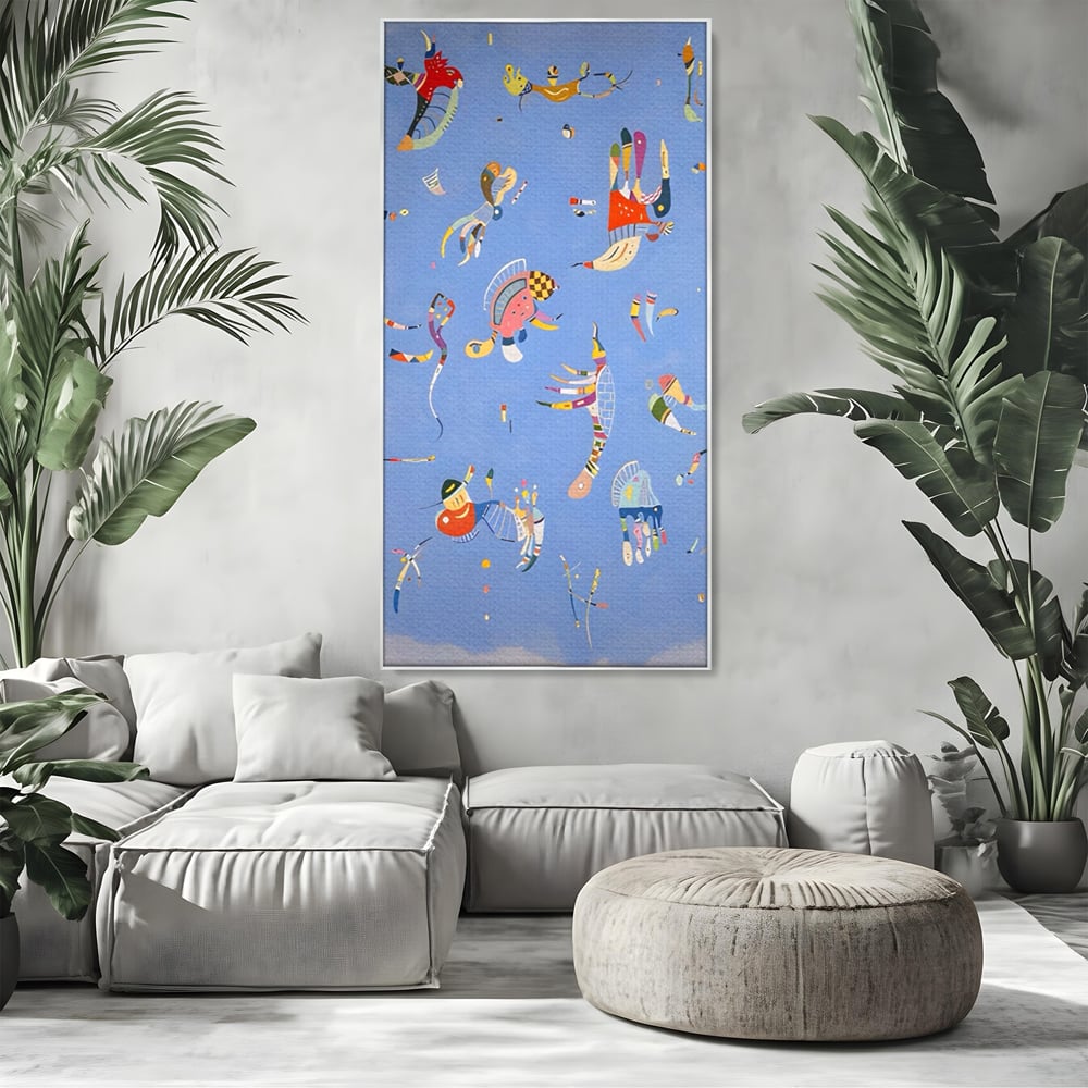 Tablou canvas cu tablou canvas cu animale acvatice stilizate, in rama de aluminiu argintiu, pe perete intr-un living
